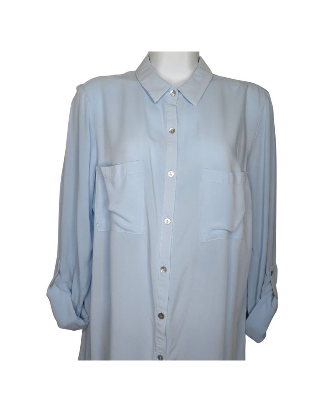 Womens Light Blue Button-Up Rayon Blouse Size L Collared Long Roll-Up Sleeves